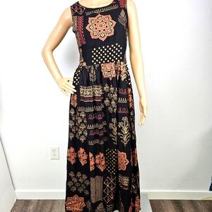 Ethnicity NEW Dress Bohemian Hippie Festival Black/Orange Sleeveless Maxi Sz XS